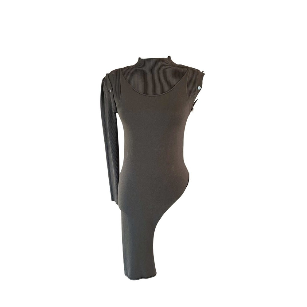 Zara Asymmetric Ribbed Knit Dress green Mock‎ Neck Detachable Sleeve AvanteGarde